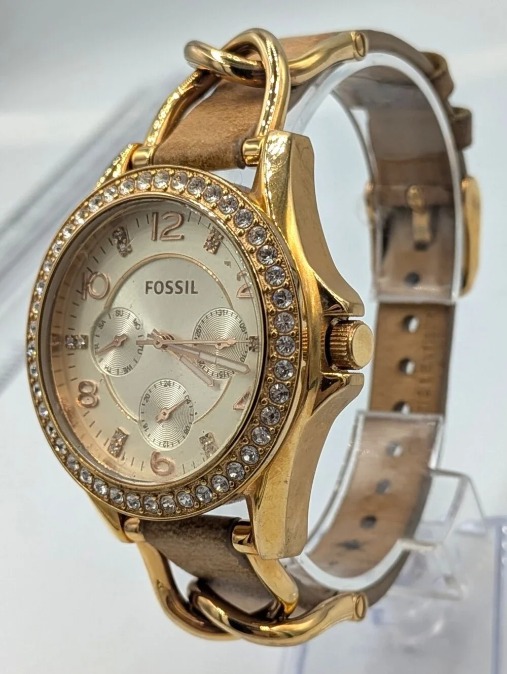 Fossil Watch Riley Women's Beige Gold Crystal Bezel Analog Dial Quartz Wristwatc